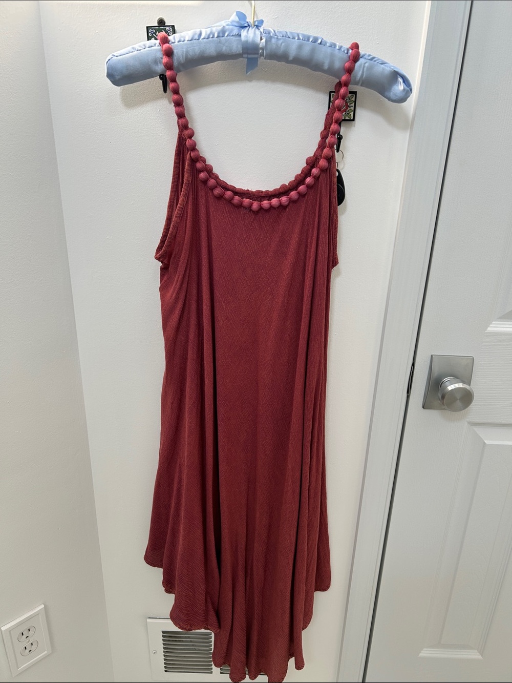 Sleeveless Pom-Trim Swing Dress in Deep Rust color
